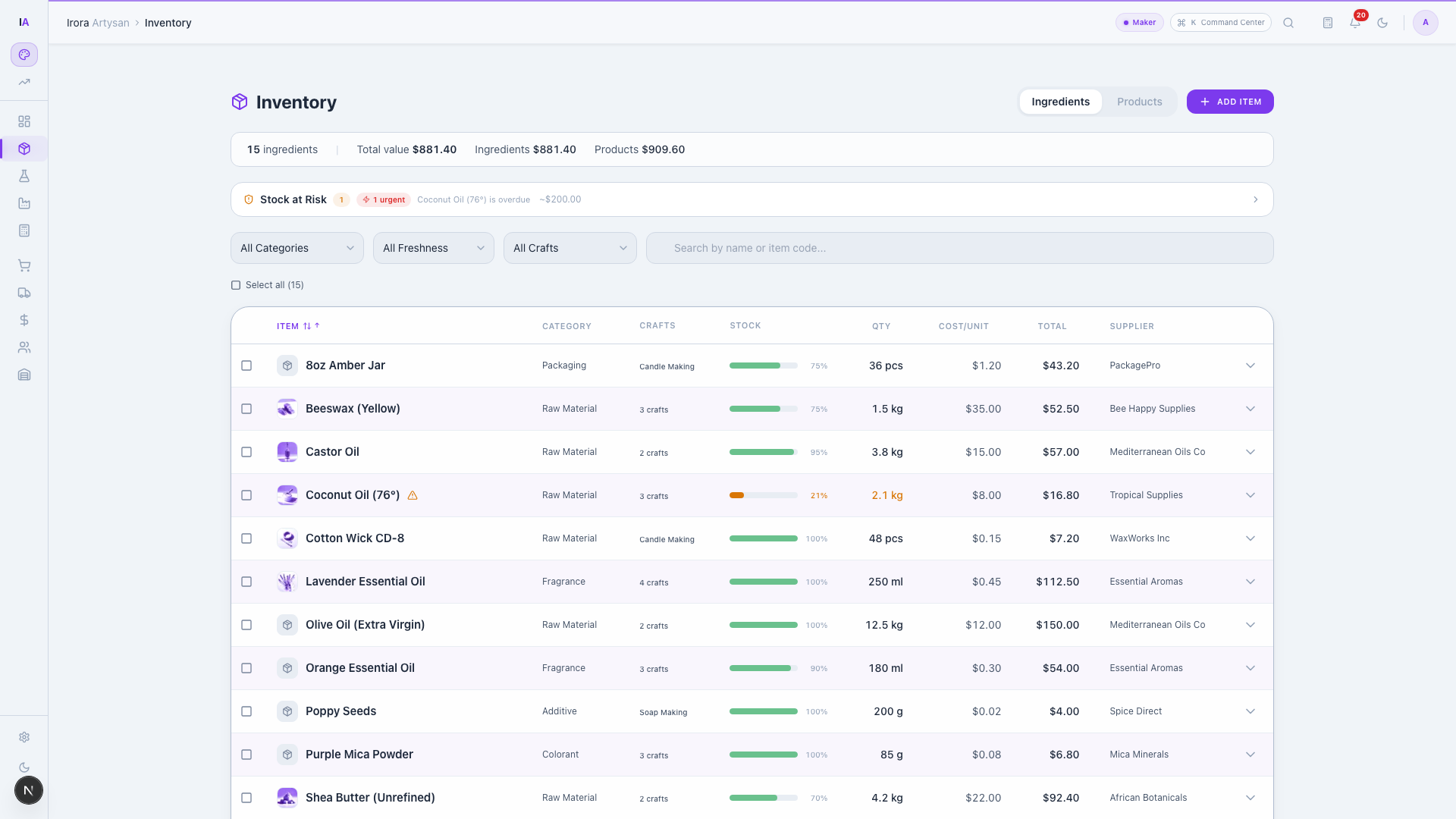 Inventory management showing stock levels with ingredient plates, health chips, and reorder alerts