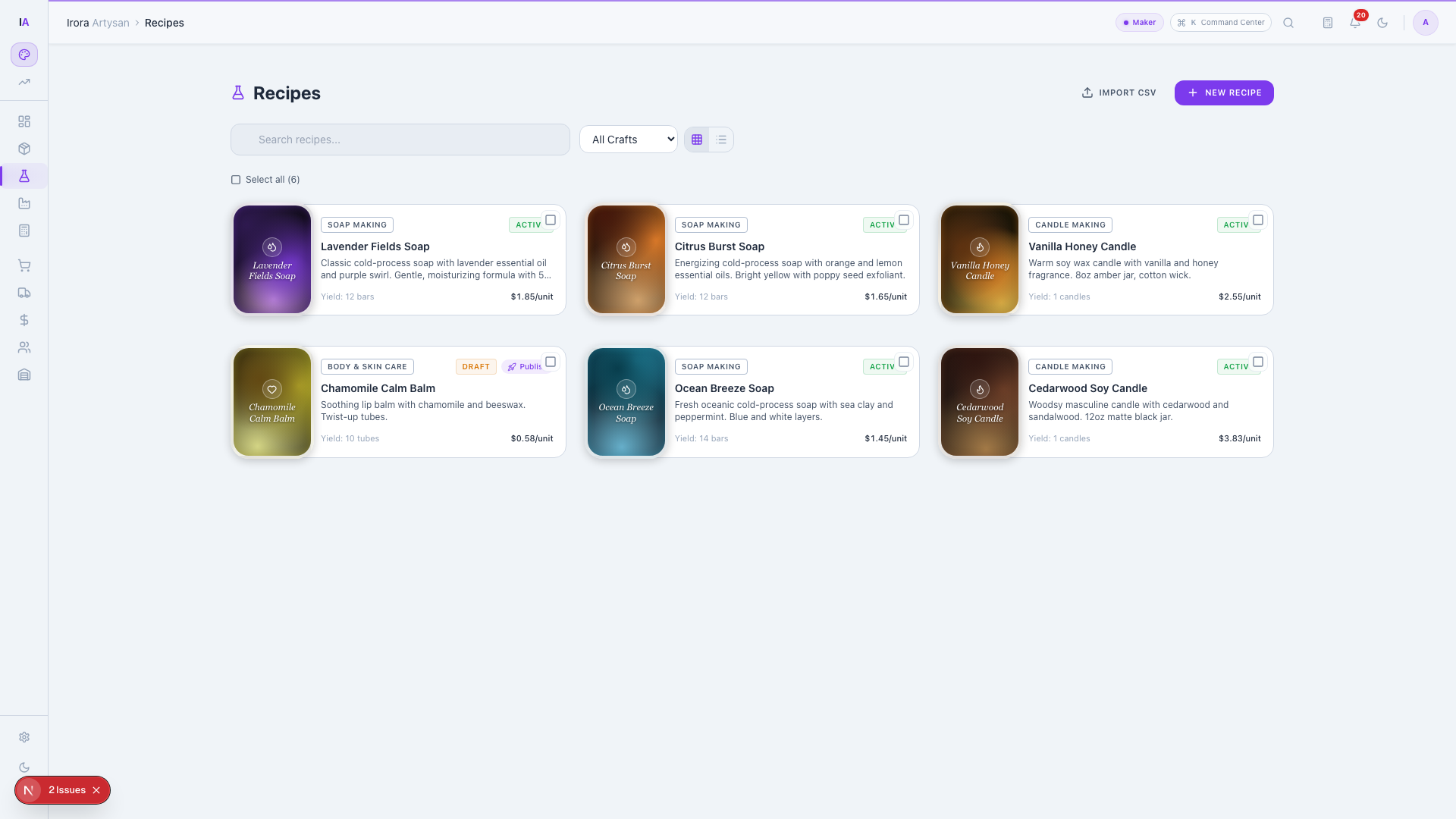 Recipe hub showing gradient recipe badges with per-unit costs and craft tags